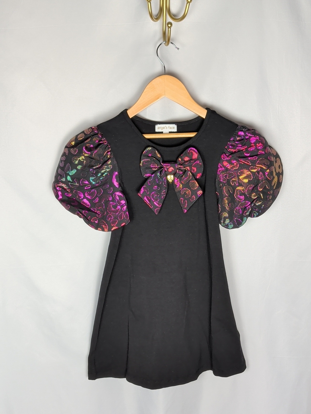 Angel's Face Girls' Anneliese Black Jersey Dress Leopard Puff Sleeves (6-7 UK)
